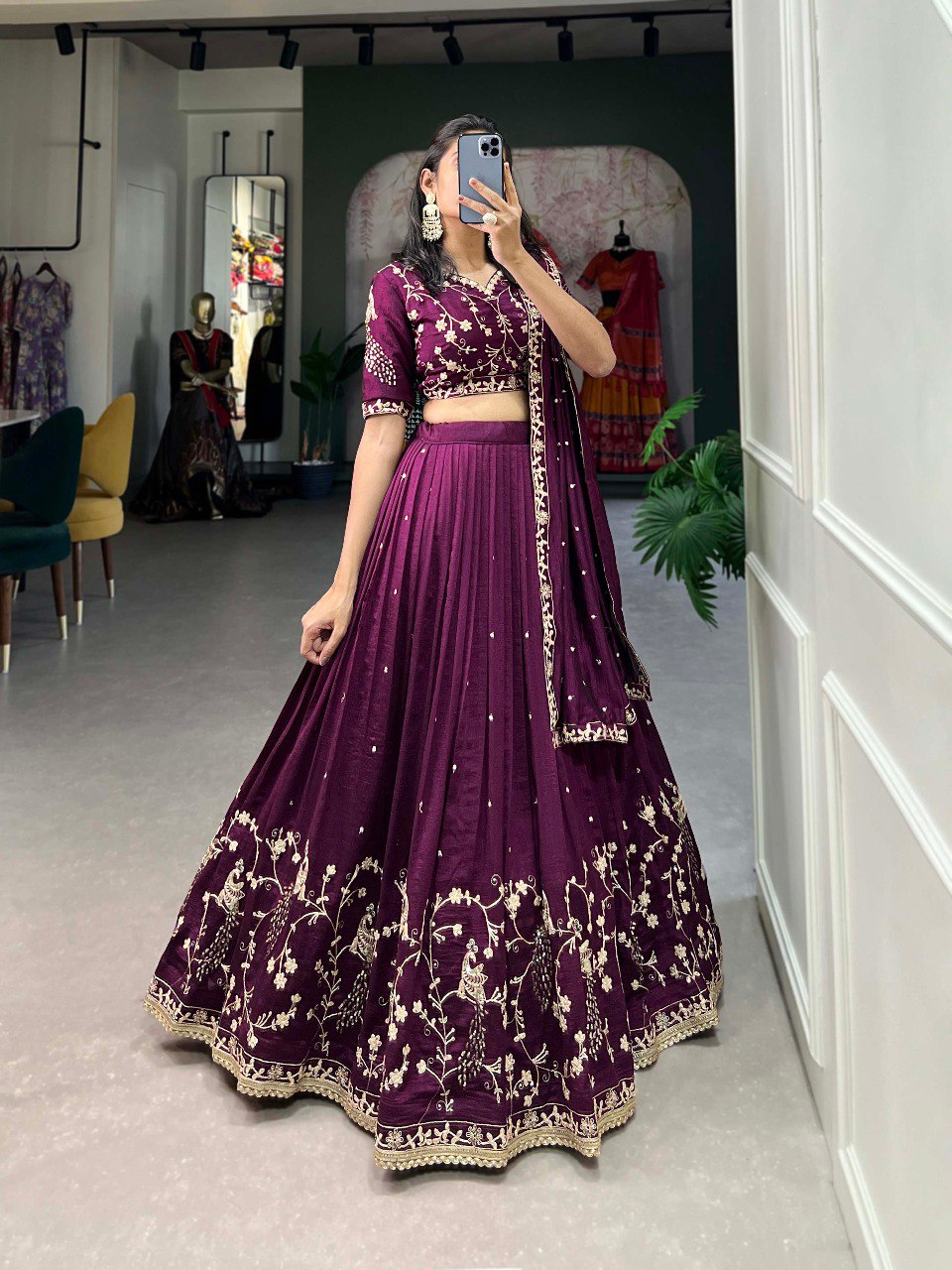 Wine Color Vichitra Silk Sequence Embroidery Lehenga Choli