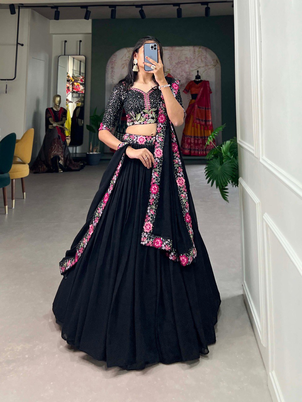 Pretty Black Sequins Georgette Party Wear Lehenga Choli With Dupatta