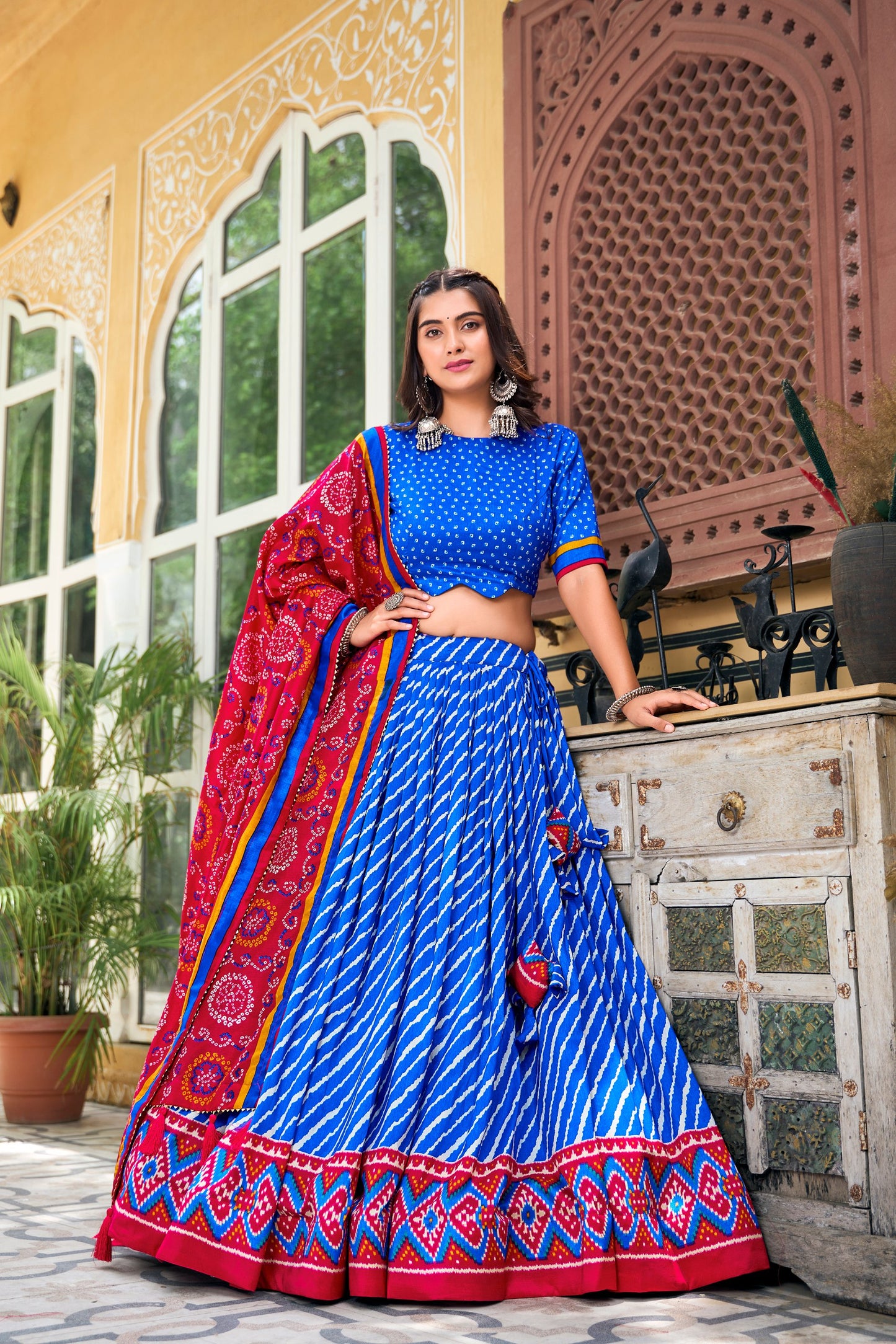 Royal Blue Tussar Silk Lehenga Choli with Leheriya Print, Patola Border & Bandhani Dupatta