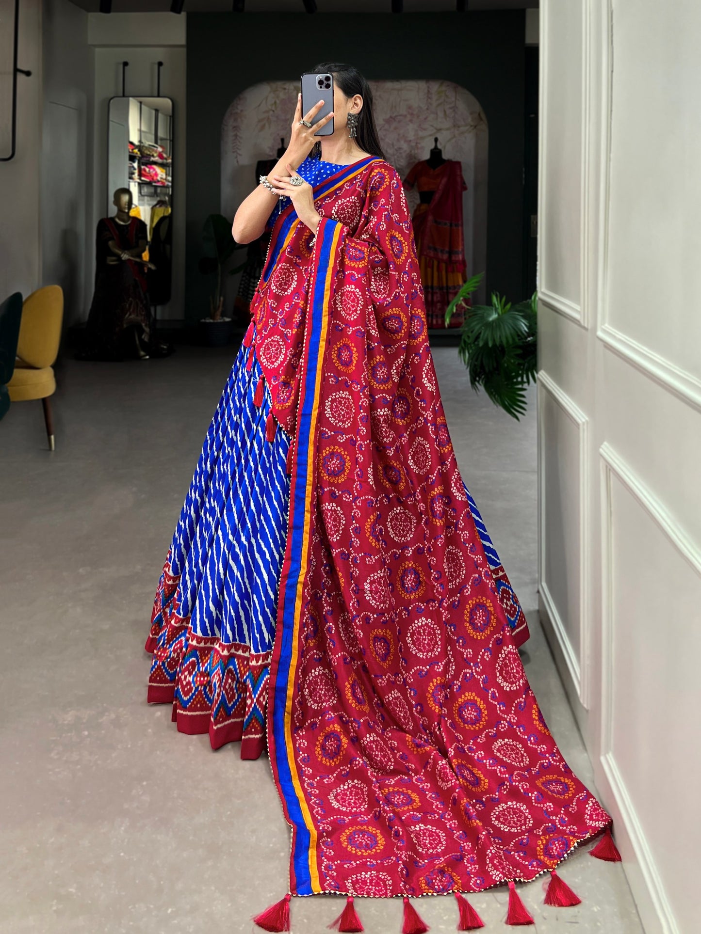 Royal Blue Tussar Silk Lehenga Choli with Leheriya Print, Patola Border & Bandhani Dupatta