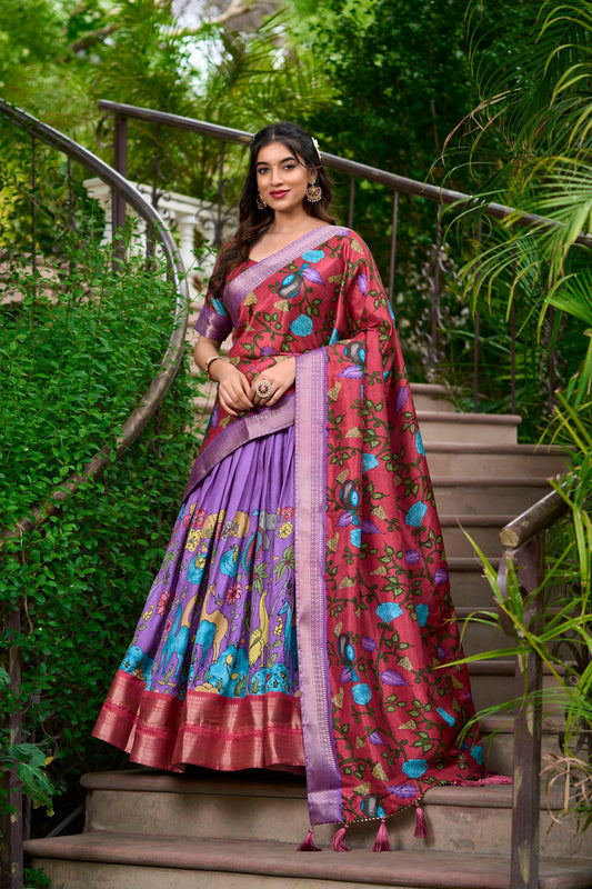 Lavender Kalamkari Dola Silk Lehenga Choli Set with Zari Borders