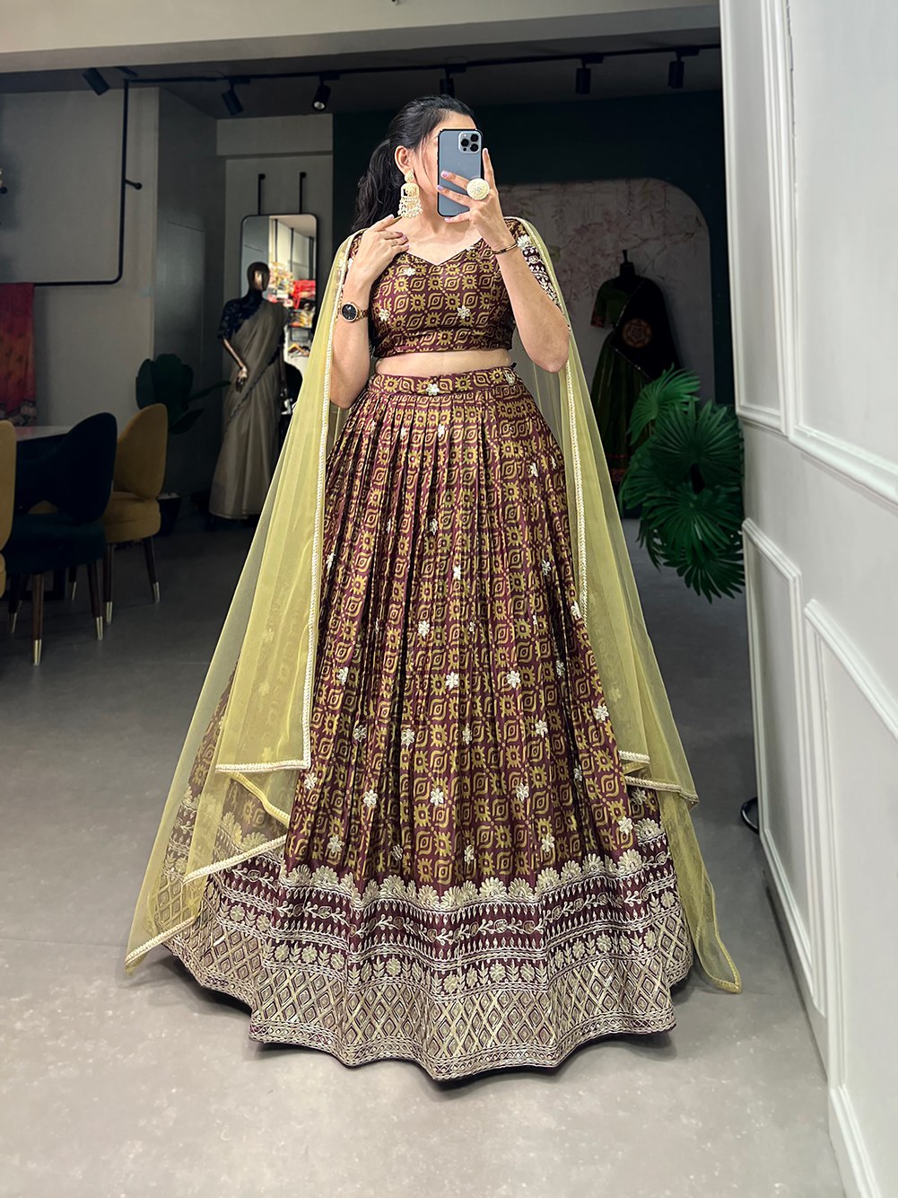 Brown Color Digital Printed Sequins And Embroider Work Chinon Weeding Lehenga Choli