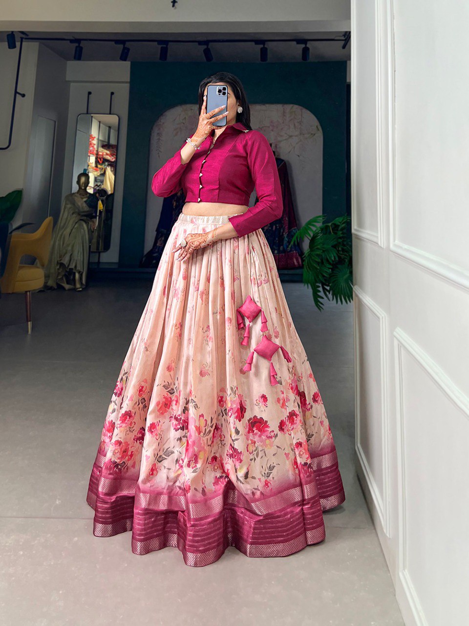 Rani Pink Color Floral Print With Sequins And Zari Border Dola Silk Co-ord Set Lehenga