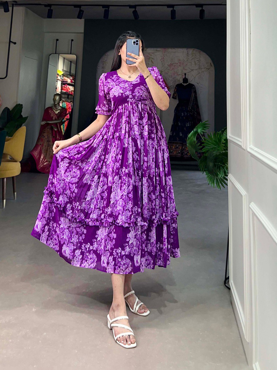 Purple Floral Print Midi Dress with Puff Sleeves