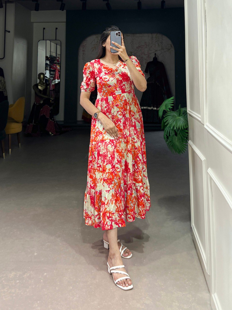 Orange Floral Print Sweetheart Midi Dress with Puff Sleeves