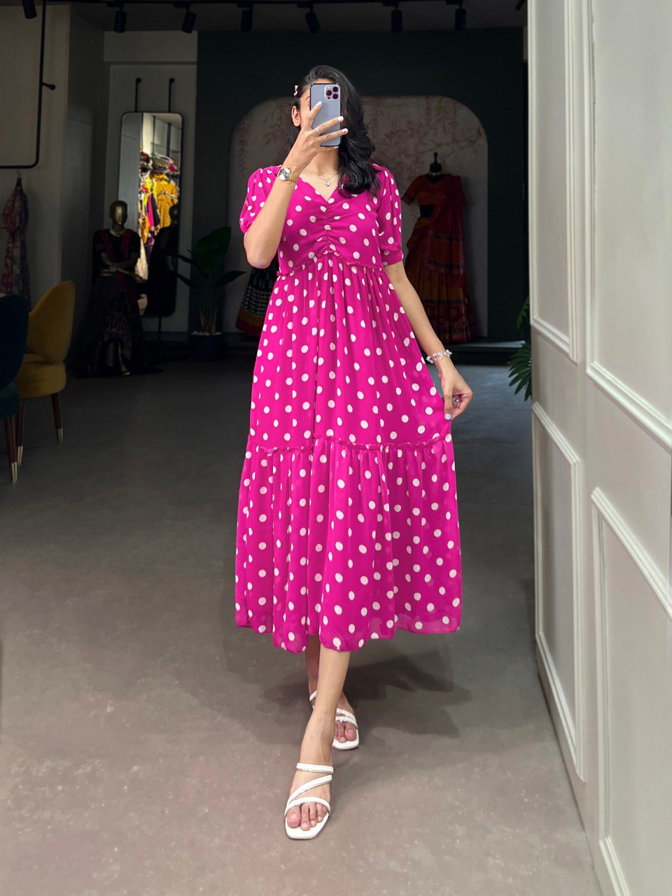 Vintage Polta Dot Print Pink Georgette Midi Dress