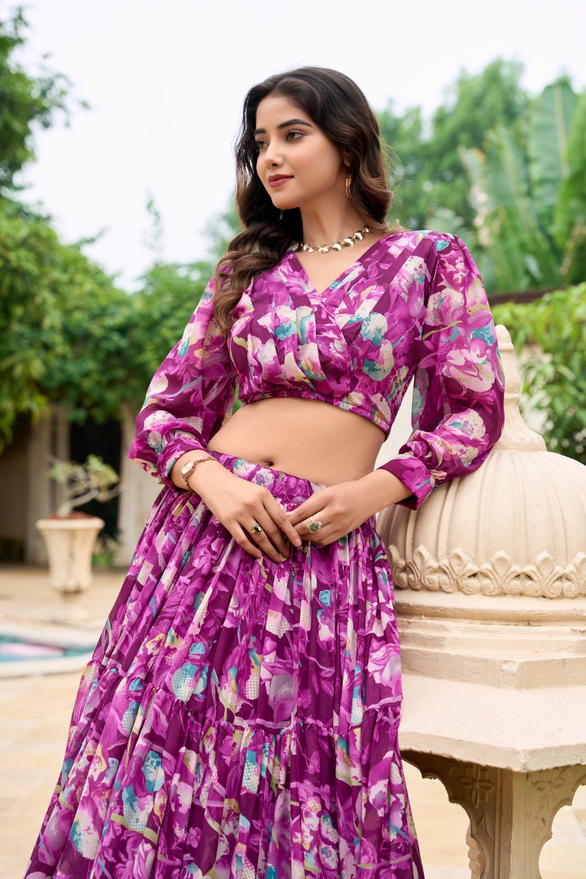 Purple Faux Georgette Floral Printed Readymade Lehenga With Fancy Blouse