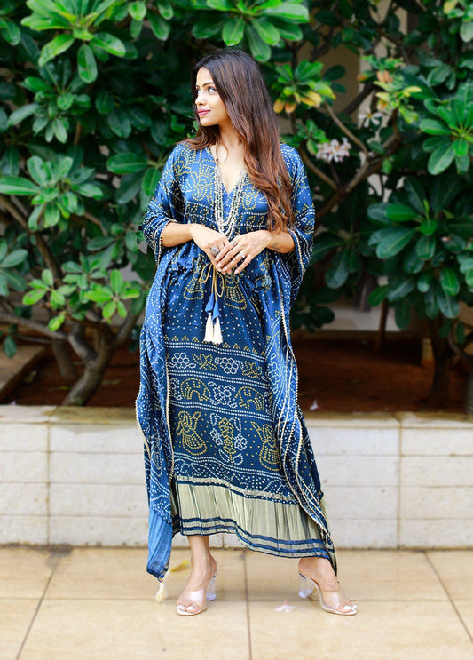 Royal Blue Color Digital Bandhej Printed Pure Gaji Silk Kaftan