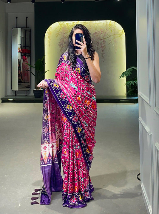 Stupendous Pink Digital Print Gajji Silk Marriage Wear Saree