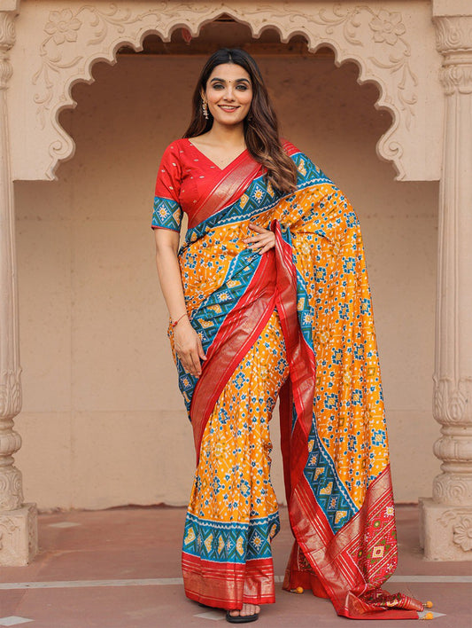 Mustard Color Patola with Foil Printed Dola Silk Saree