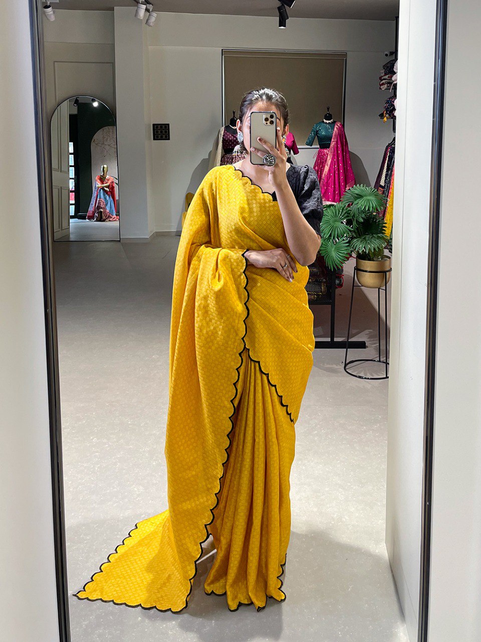 Wonderful Yellow Arca Work Gadhawal Chex Event Wear Saree With Blouse