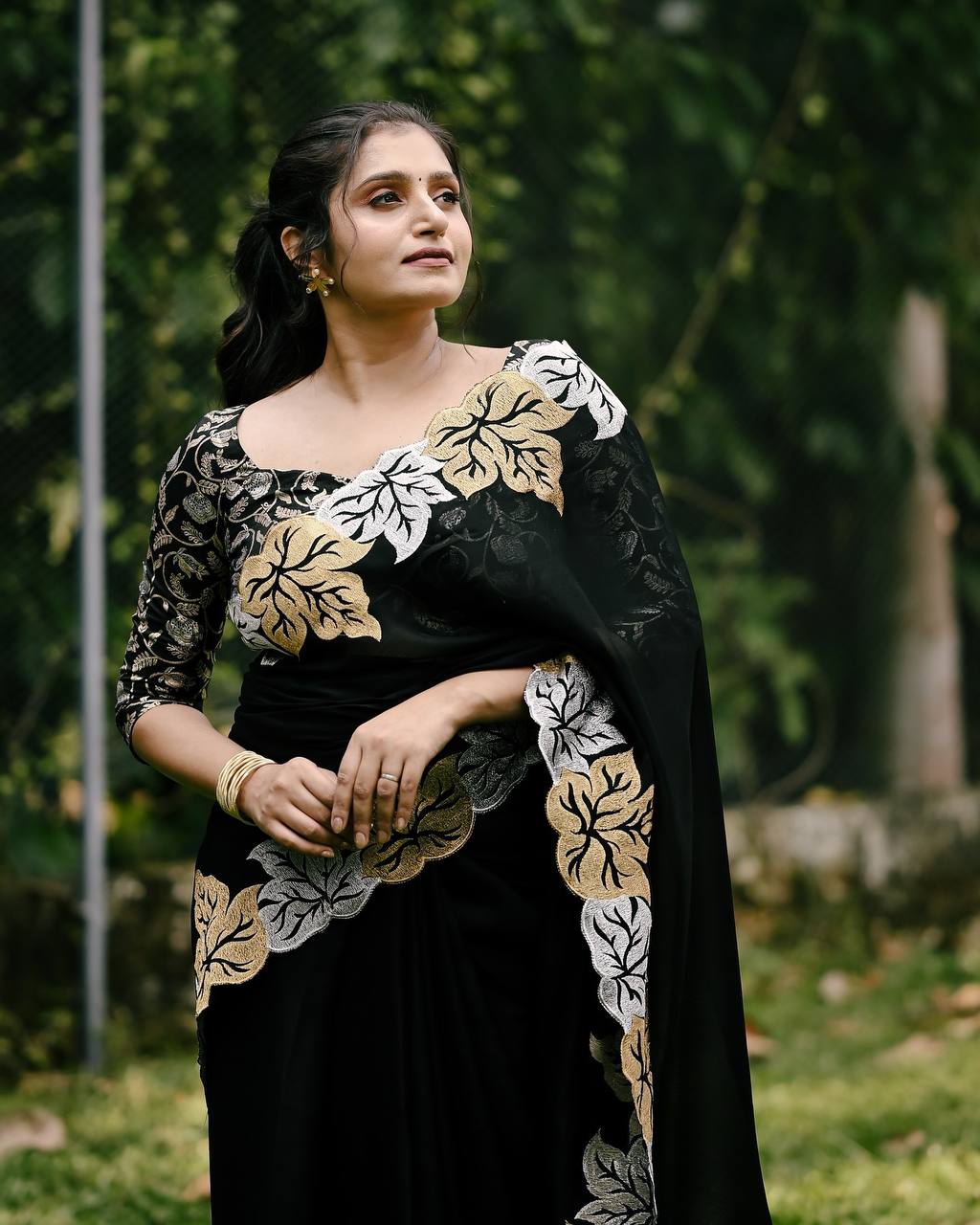 Silver And Gold Maple Leaf Black Satin Chiffon Saree