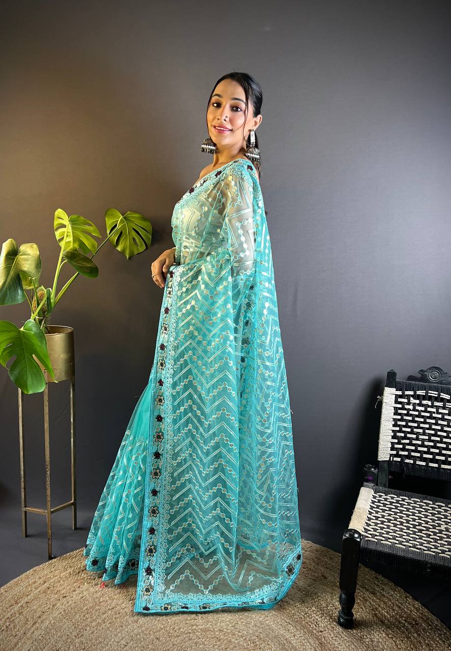 Sky Blue Net Embellished Saree With Unstitched Blouse