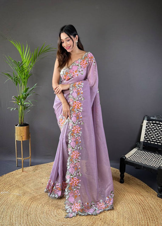 Designer Cross Stitch Floral Embroidery Cut Work Border Lavender Glossy Silk Saree With Blouse