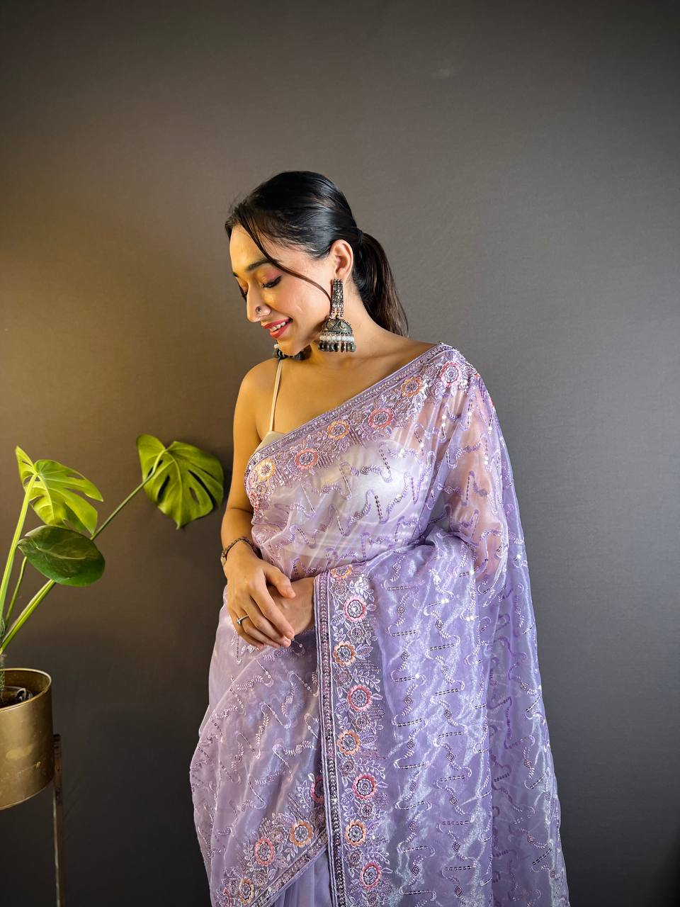 Lavender Tissue Silk Embellished Saree With Unstitched Blouse