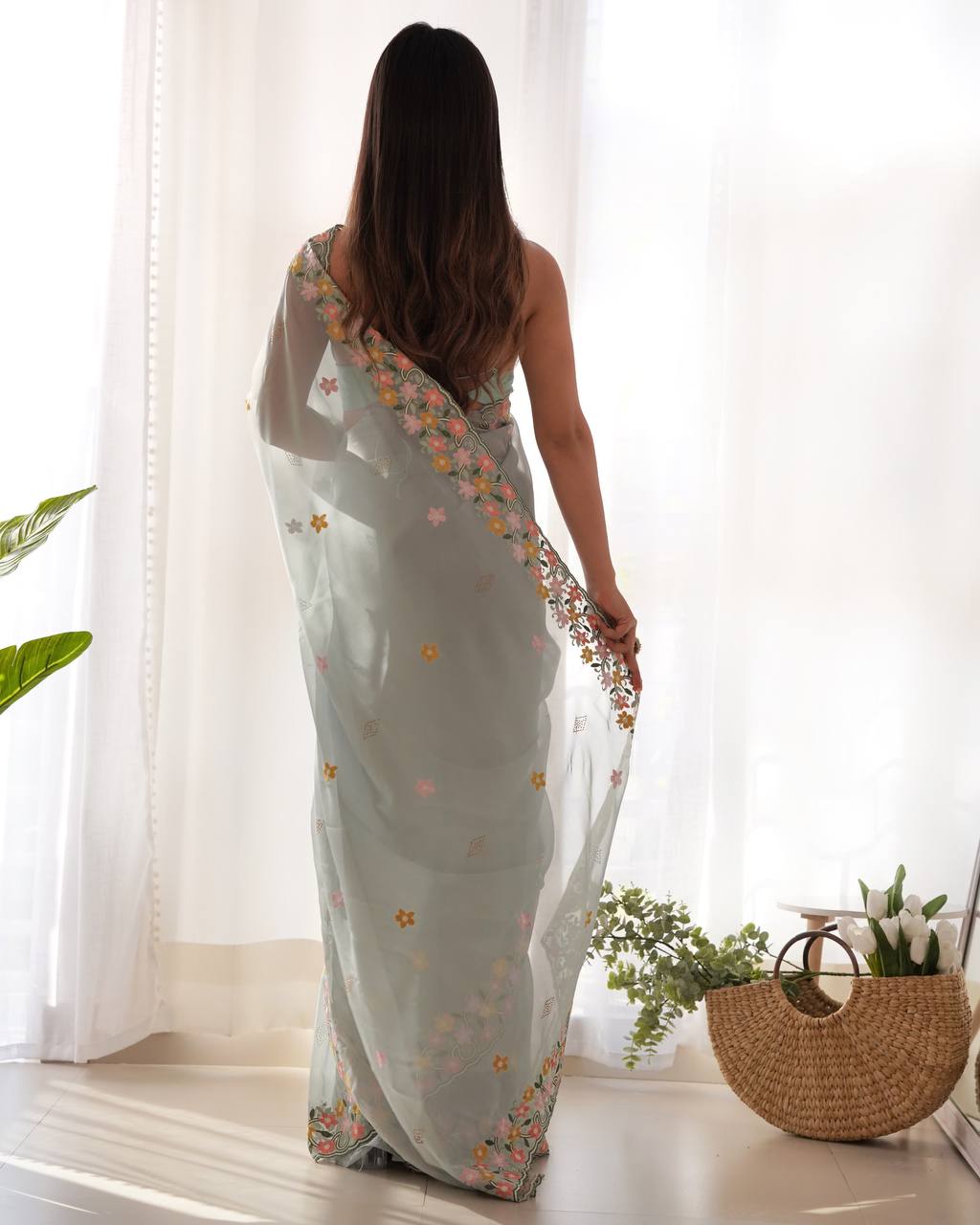 Floral Embroidered Elegance Thai Organza Silk Saree