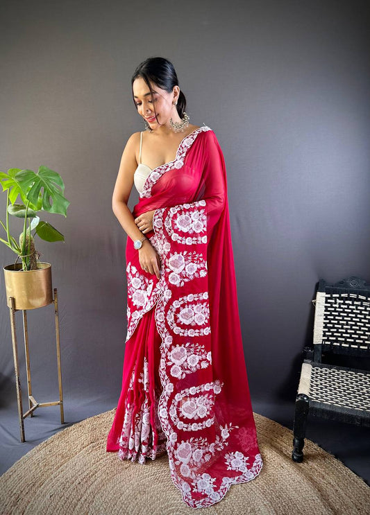 Ruby Red Organza Embroidered Light Weight Saree