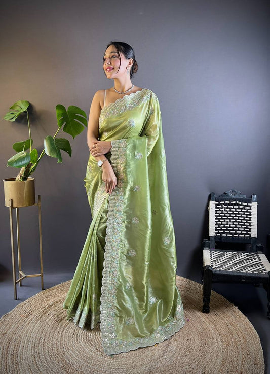 Iguana Green Embroidered Work Soft Silk Saree