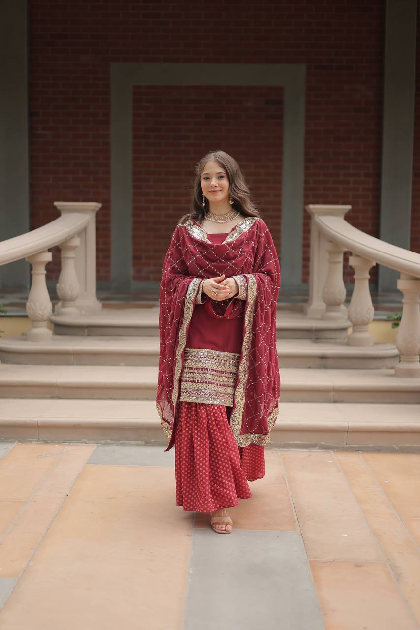 Maroon Designer Readymade Top-sharara-dupatta Collections