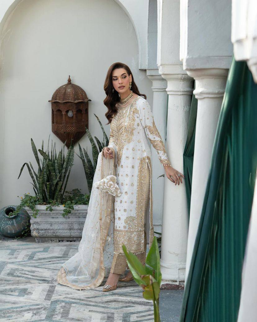 White Golden Chiffon Party Suit