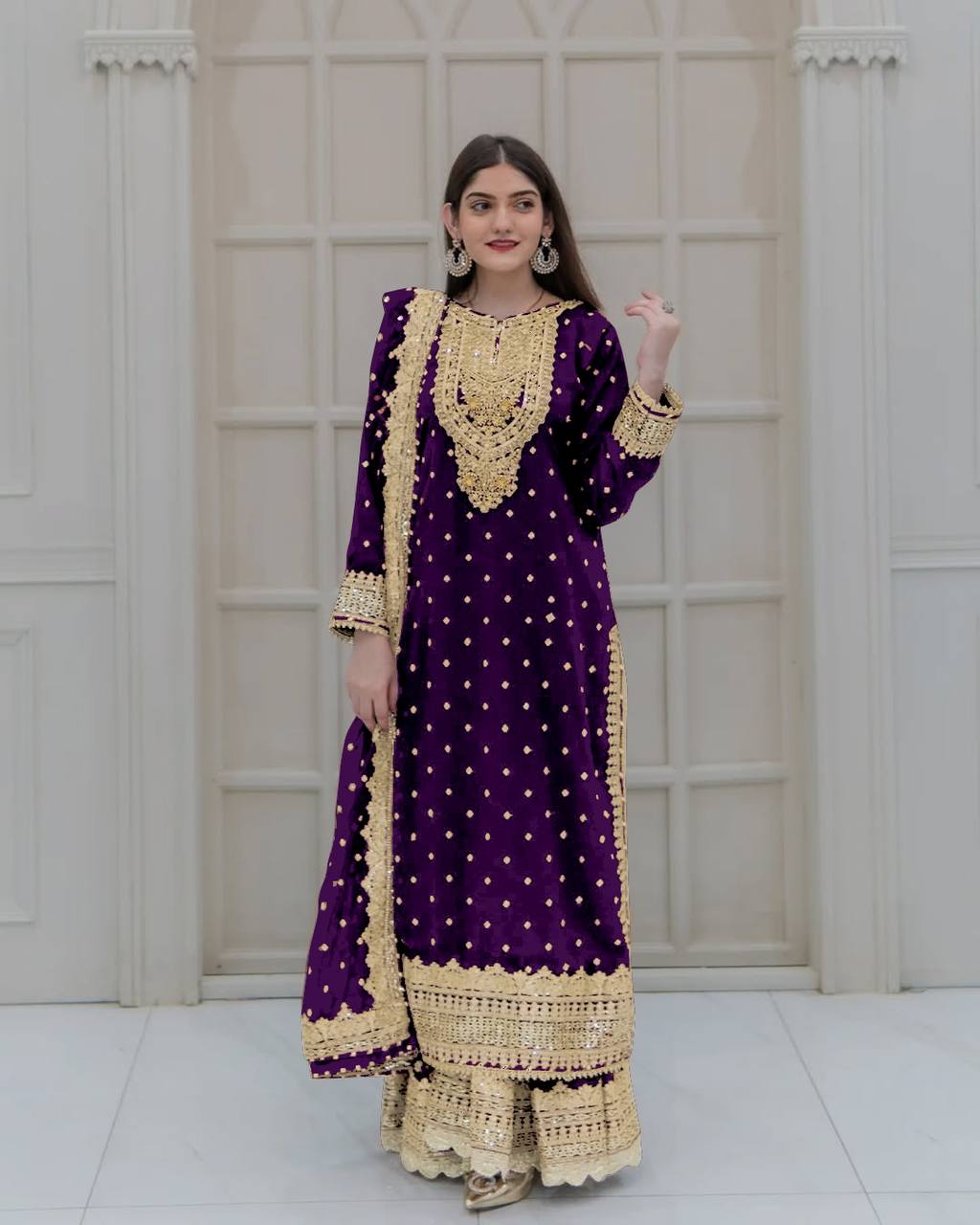 Purple Georgette Embroidery Sequence Work Top Sharara With Dupatta