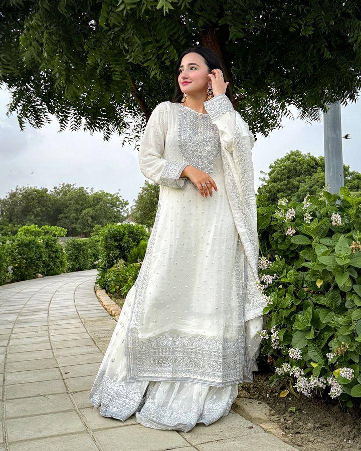 White Georgette Embroidery Sequence Work Top Sharara With Dupatta