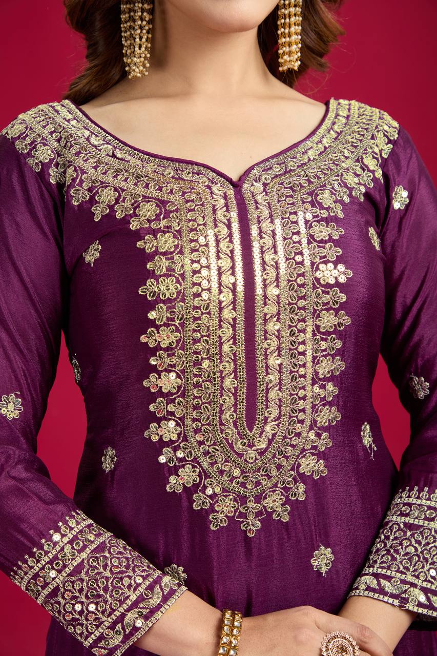 Purple Chinnon Silk With Heavy Embroidery Sequence Work Top-Plazo And Dupatta Set