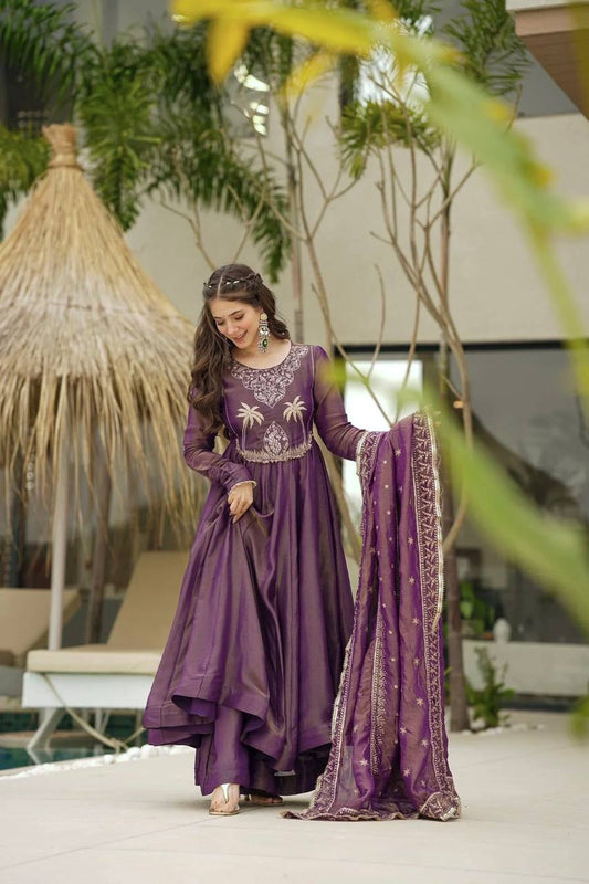 Party Wear Look Gown, Bottom And Dupatta In Fully Flair With Attached Pad Suit