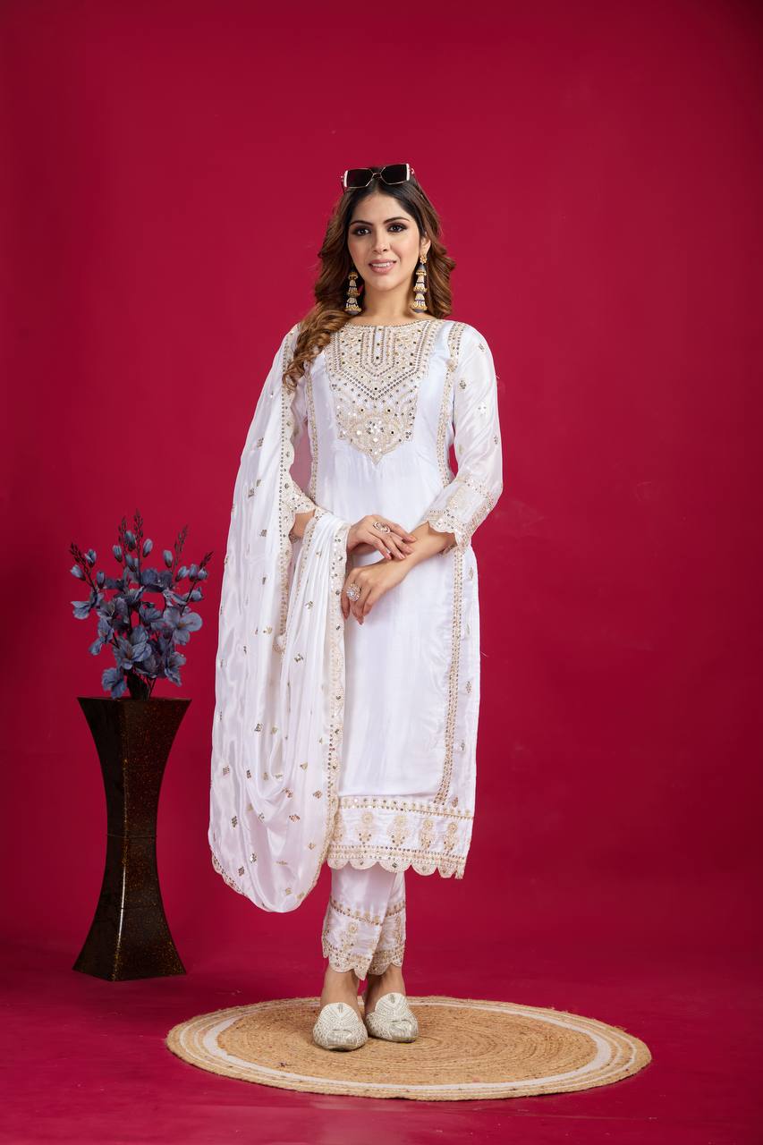 White Color Salwar Suit in Chinon With Heavy Sequins Embroidery and Real Mirror