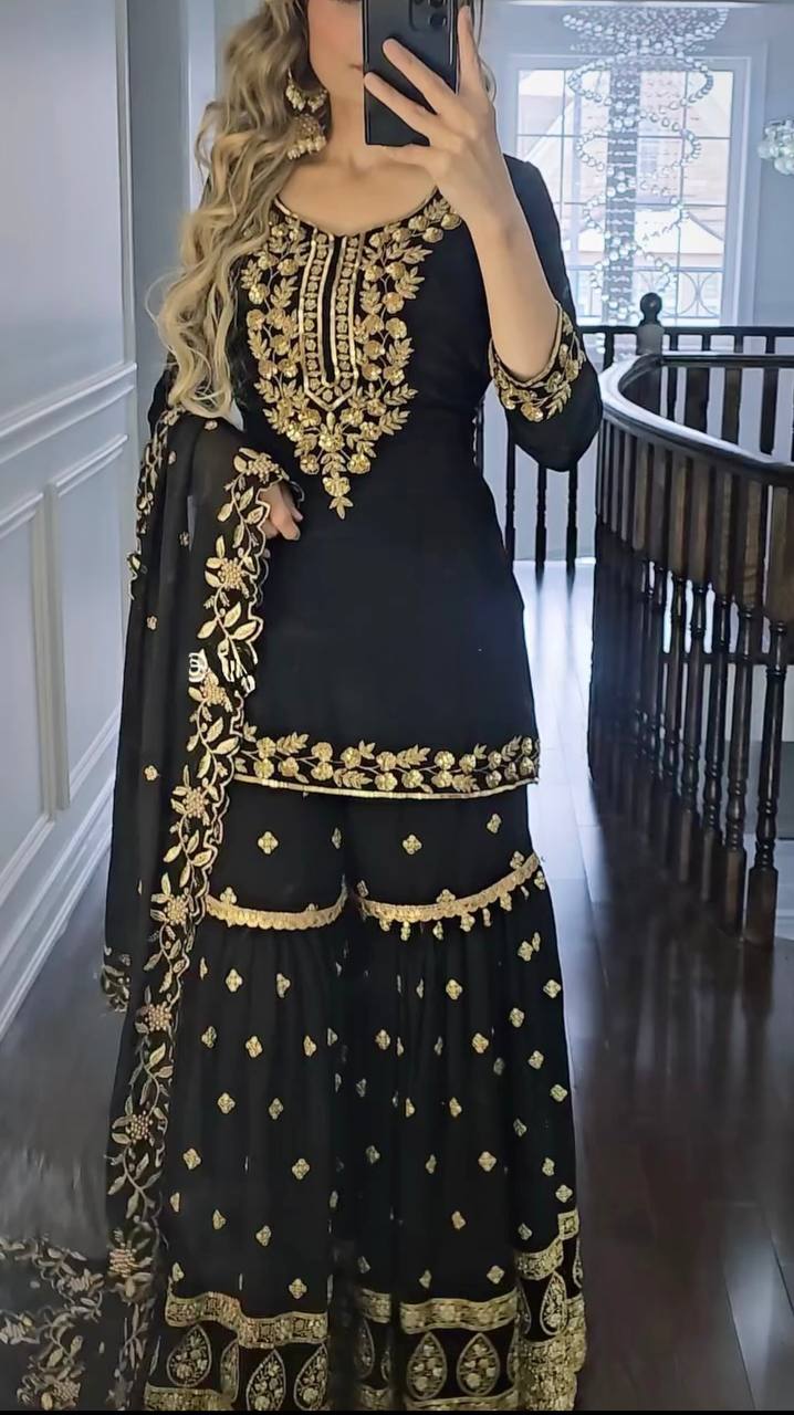 Grand Black Color Georgette Embroidery Sequence Sharara Suit