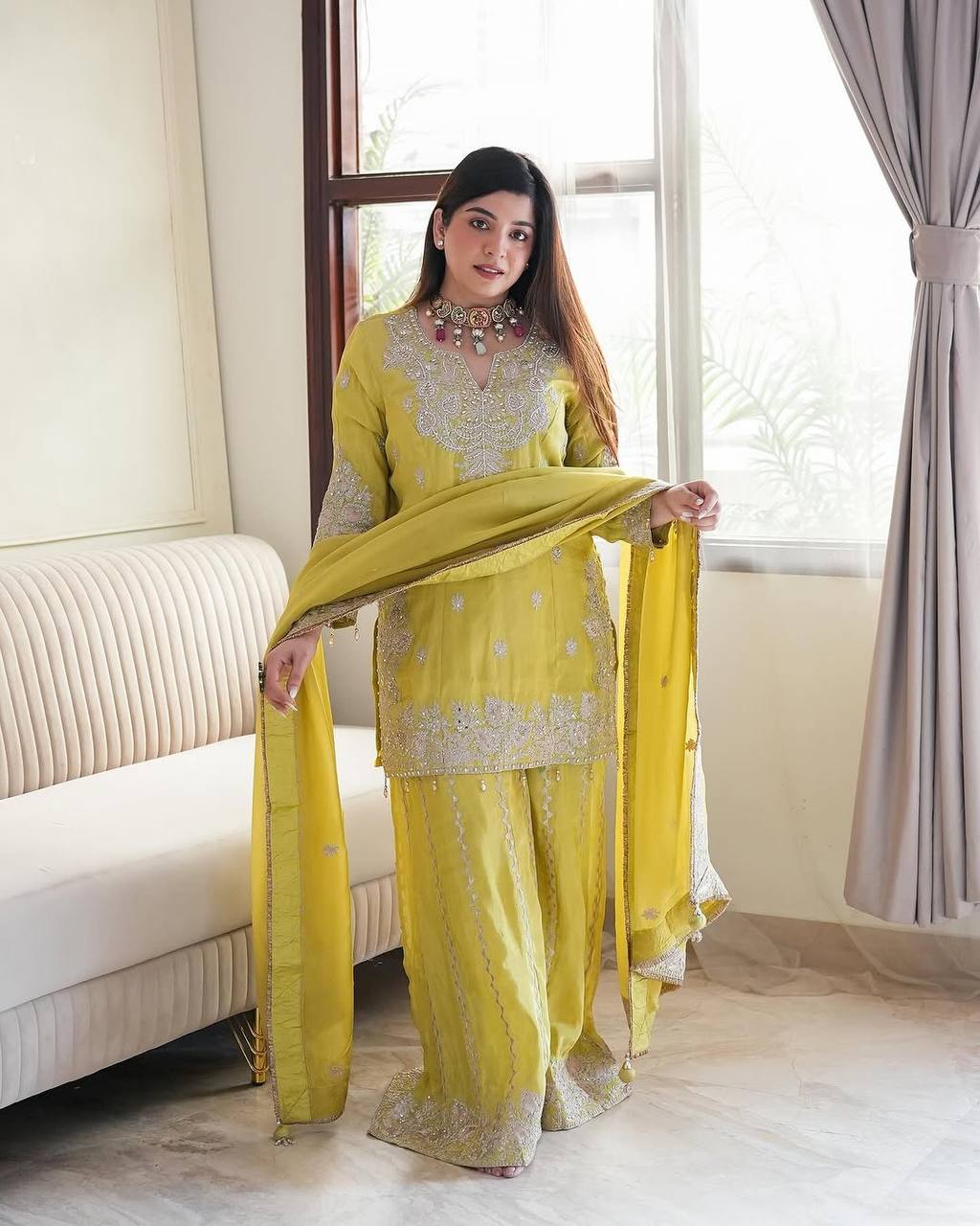 Heavy Chinon Silk With Heavy Embroidery Sequence Work Yellow  Kurta Sharara With Dupatta