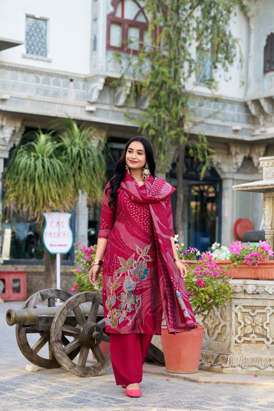 Incredible Maroon Floral Printed Silk Traditional Palazzo Suit