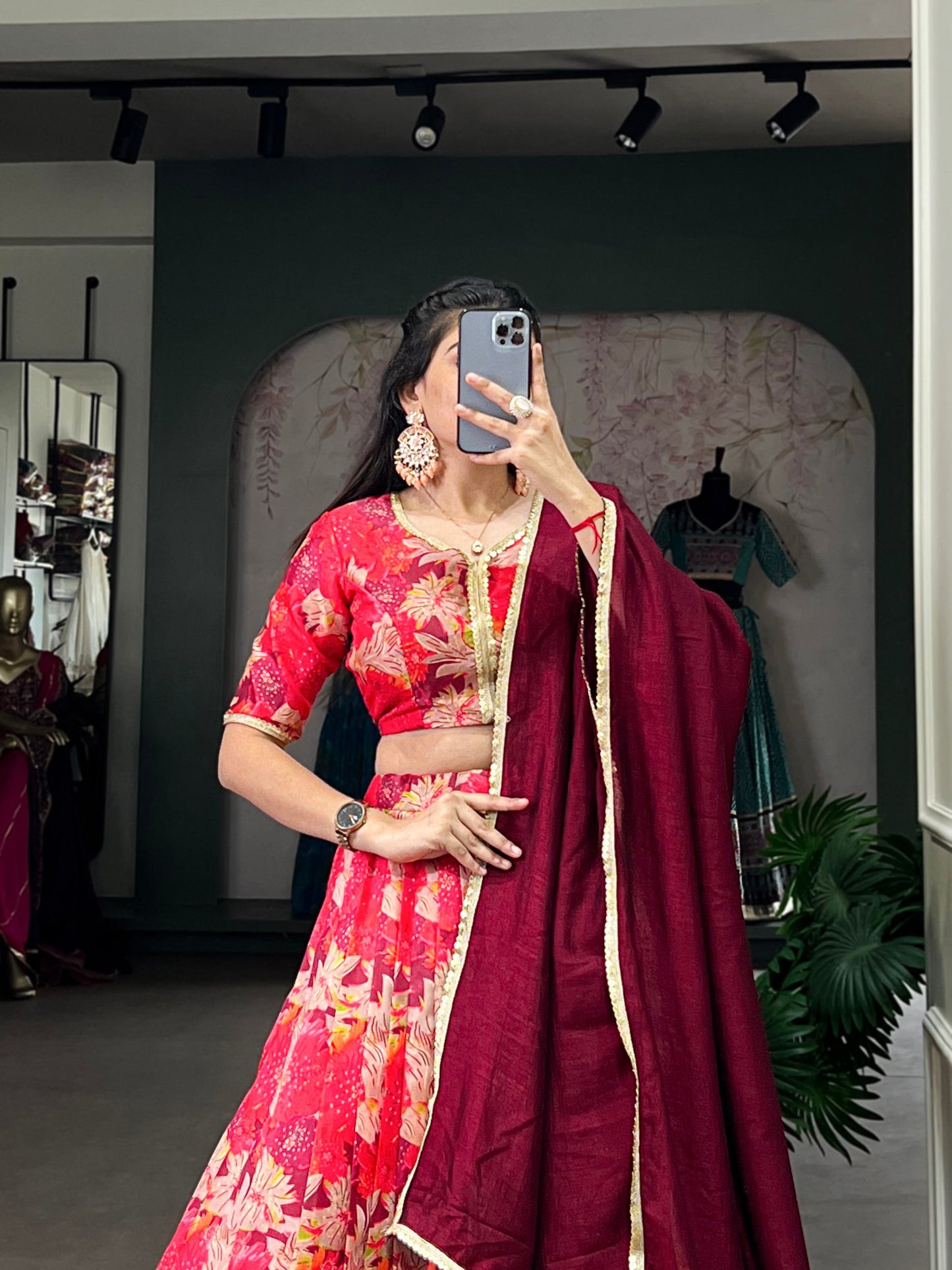 Red Color Tussar Silk Floral Printed Lehenga Choli