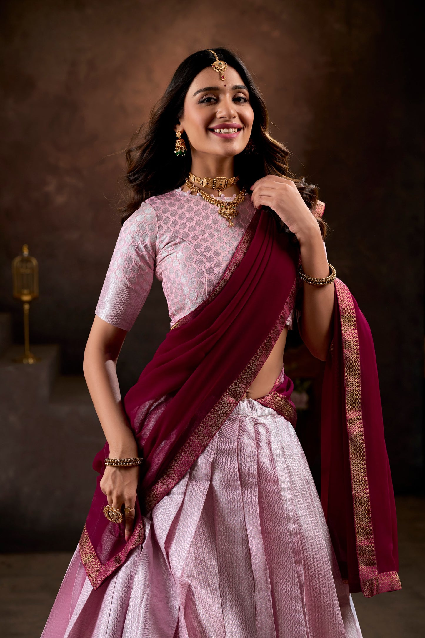 Pink Zari Work Ready to Wear Lehenga & Unstitched Blouse With Dupatta