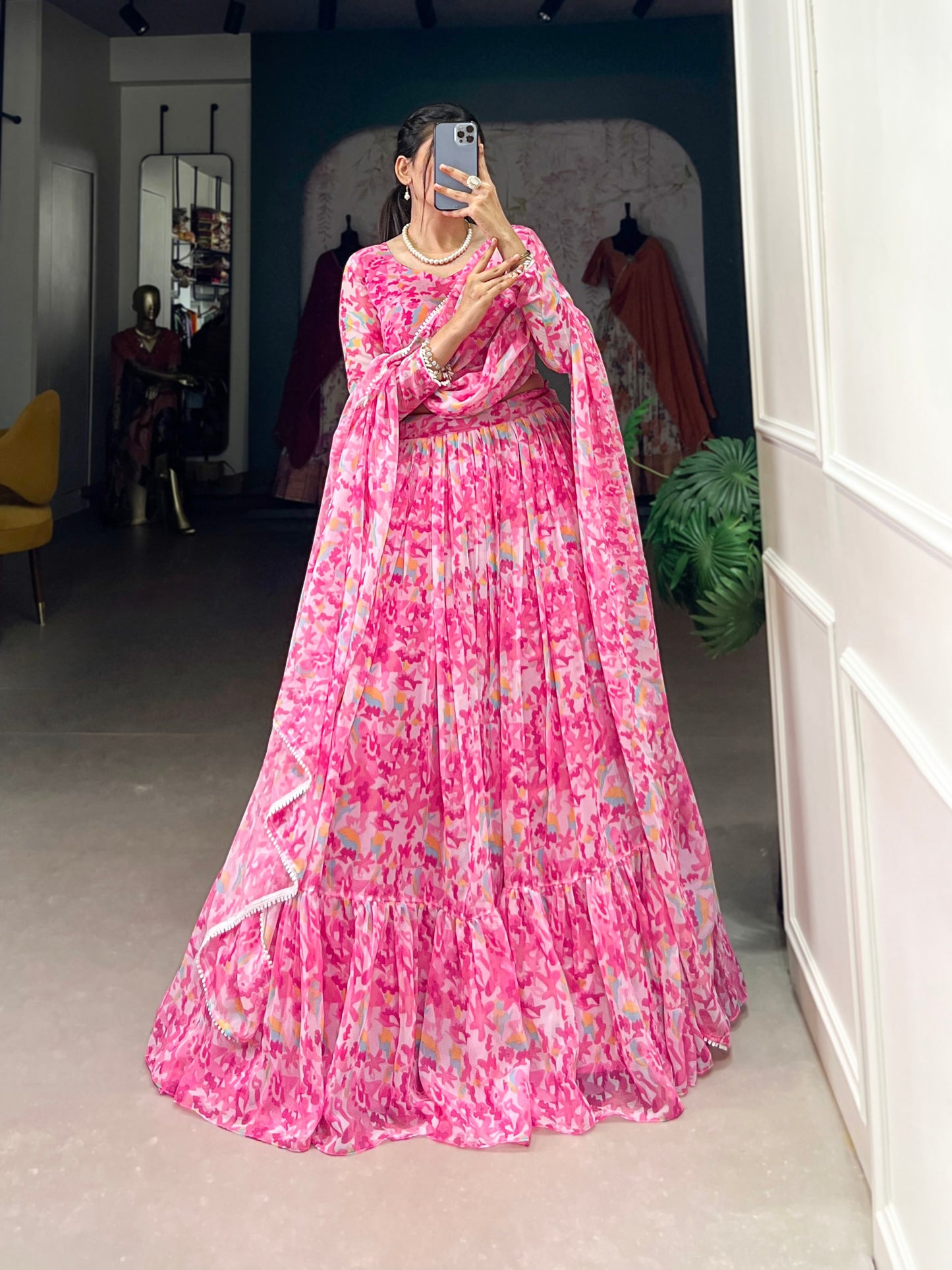 Pink Floral Printed Georgette Tiered Tradition Style Lehenga Choli