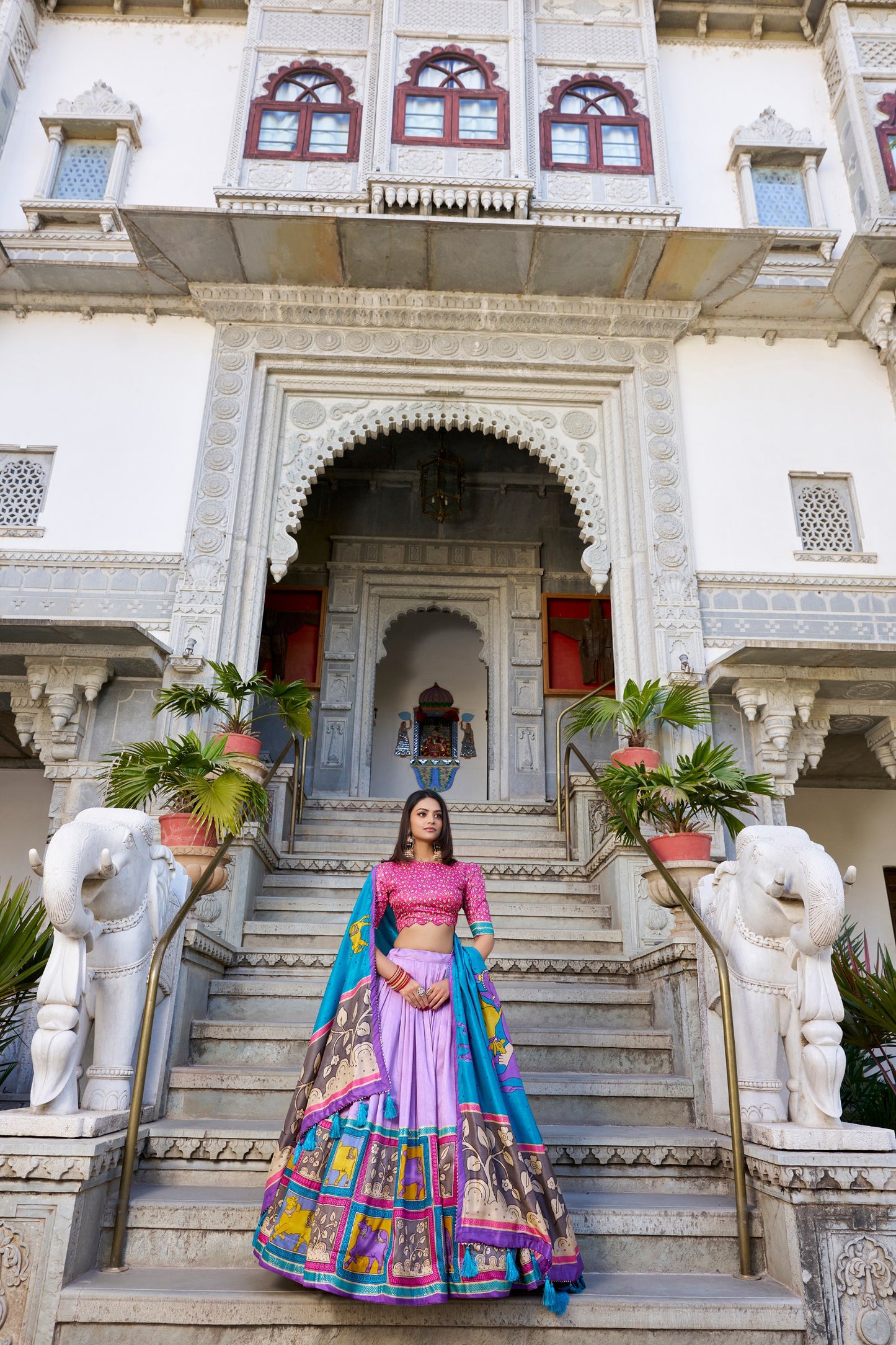 Lavender Color Tussar Silk Kalamkari Printed Lehenga Choli