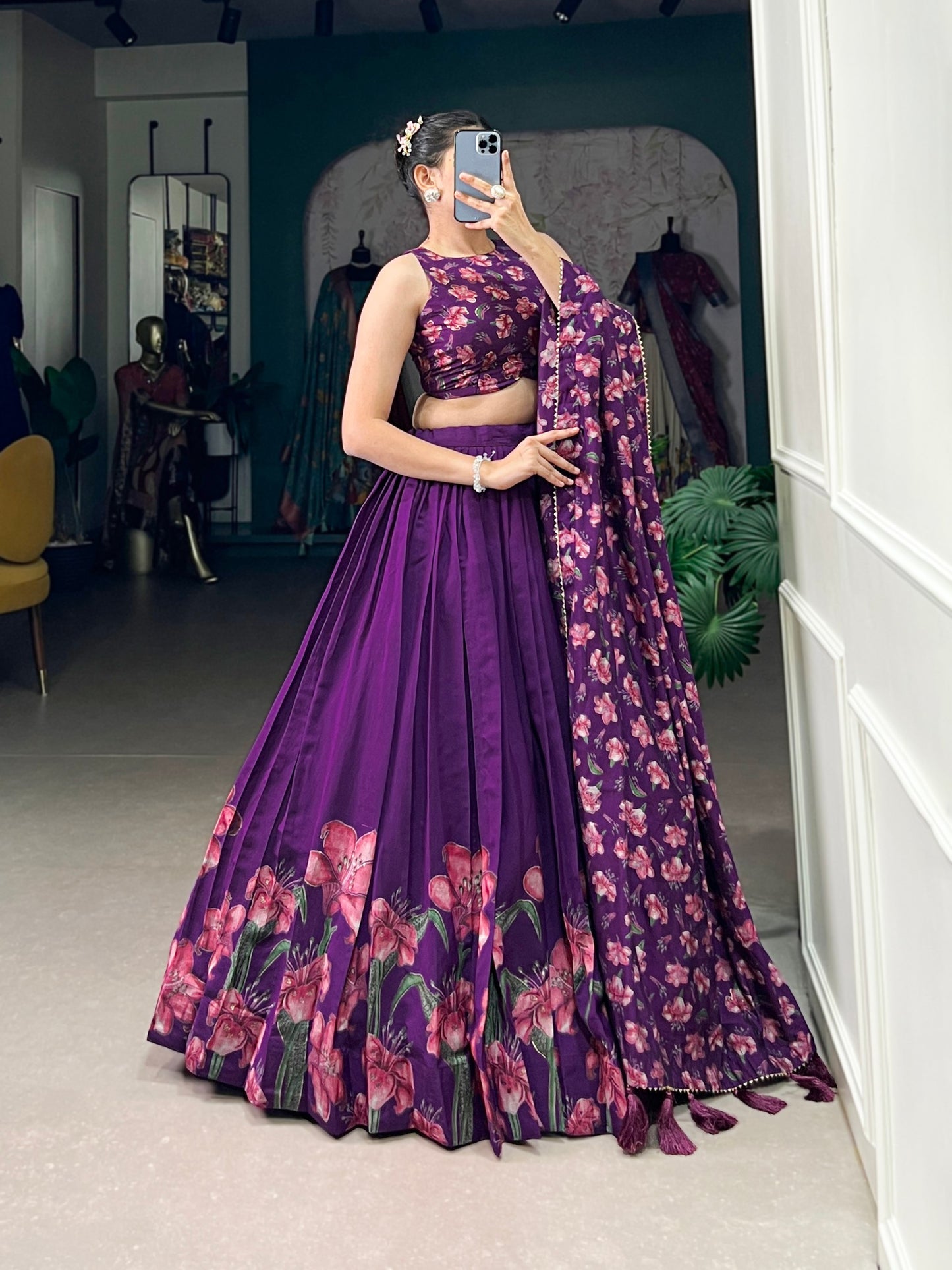 Floral Print Lehenga Choli in Purple Tussar Silk With Foil Work and Dupatta