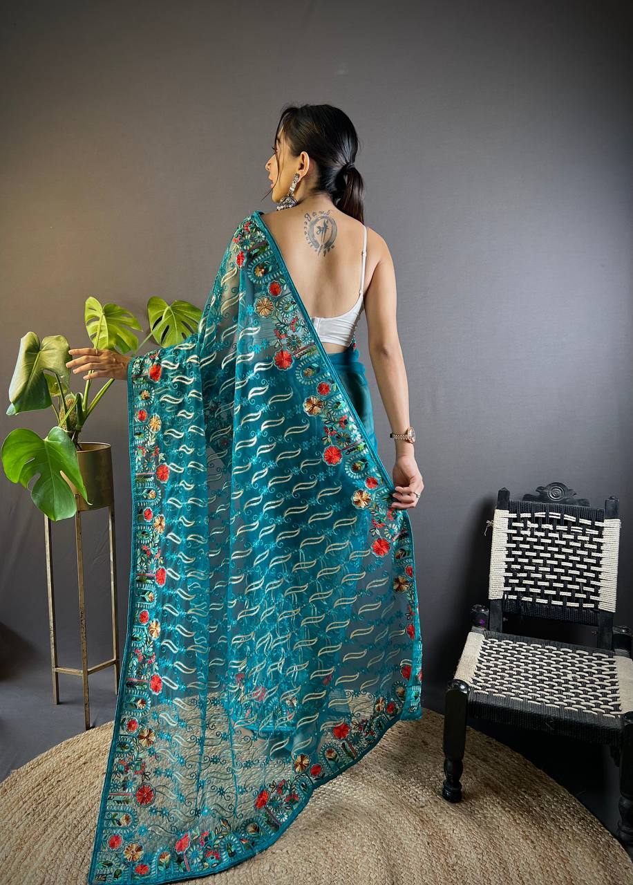 Bollywood Designer Rama Green Saree with Chain Stitch Work