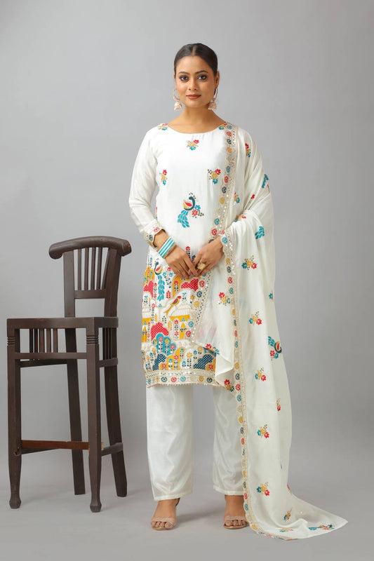 White Premium Designer Peacock Designer Kurta Set With Dupatta