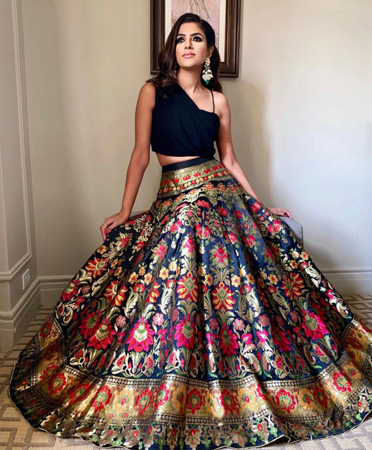 Impressive Black Banarasi Indo-Western Crop Top Lehenga