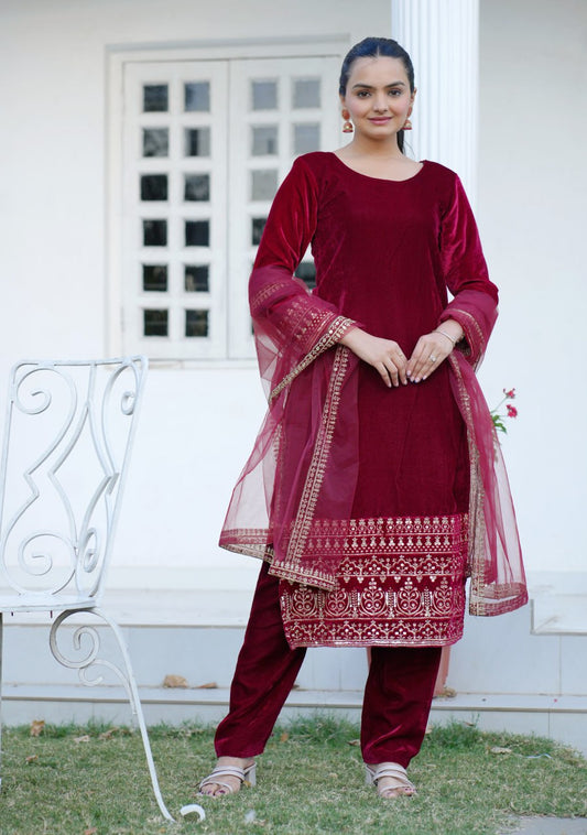 Velvet Salwar Suit In Maroon
