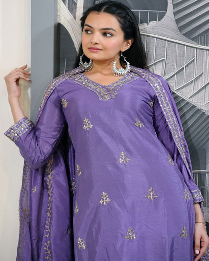 Lavender Embroidered Straight Kurta Suit Set