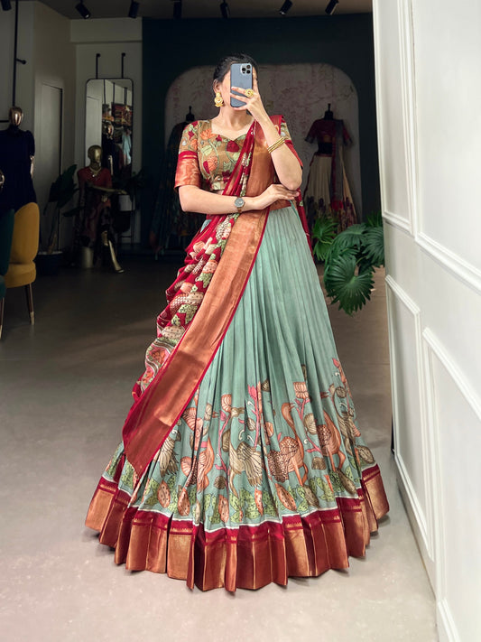 Pure-dola Weaving Lehenga Choli In Sky Green Colour