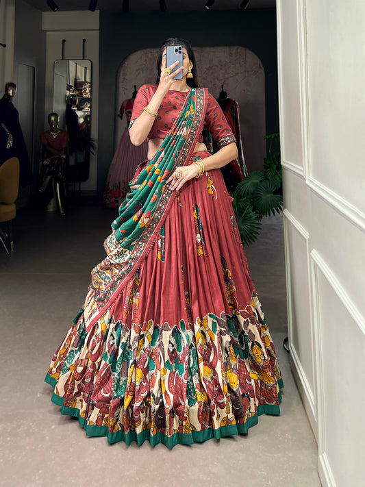 Light Maroon Tussar Silk Kalamkari Lehenga Set with Zari Weaving Border