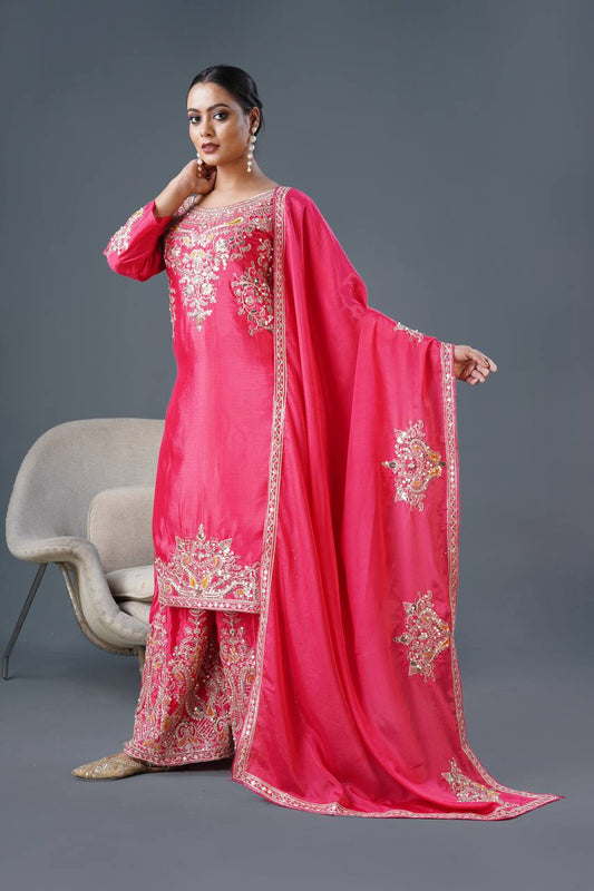 Pink Color Top Palazzo Suit With Dupatta in Chinon With Sequence Embroidery