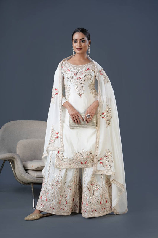 White Color Top Palazzo Suit With Dupatta in Chinon With Sequence Embroidery