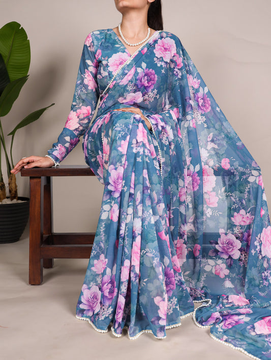 Blue Refined Beauty Weightless Marble Printed Saree with Pearl Lace Border