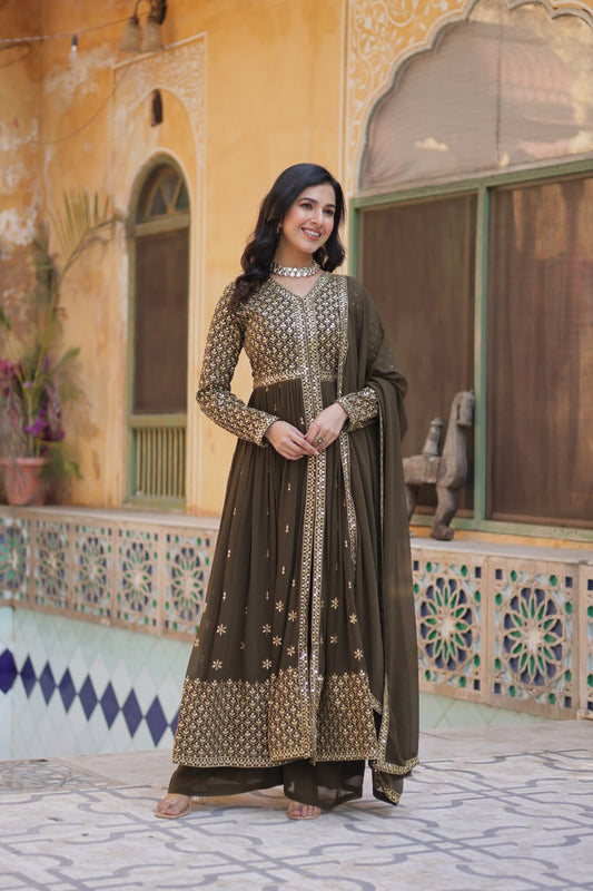Designer Mehndi Color Three Piece Suit Set