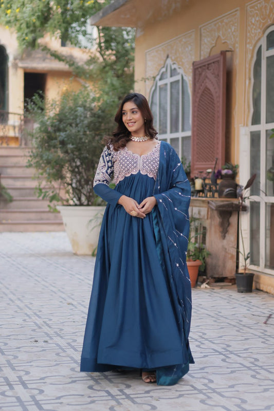 Attractive Blue Sequins Georgette Anarkali Gown With Dupatta