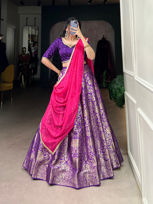 Jacquard Silk Zari Weaving Work South Indian Style Lehenga Set In Purple